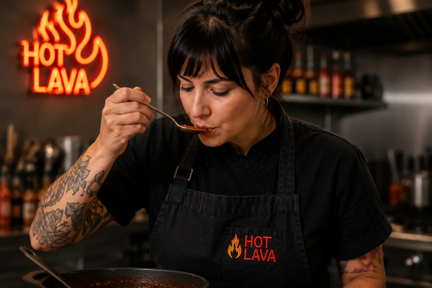 Tasting Hot Lava sauce from a cast iron pan